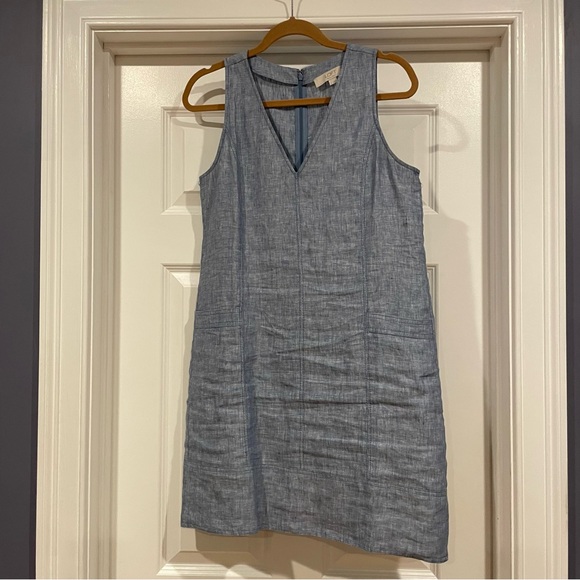 LOFT Chambray Linen Pocket Sheath Dress | Size 2 - Picture 2 of 12